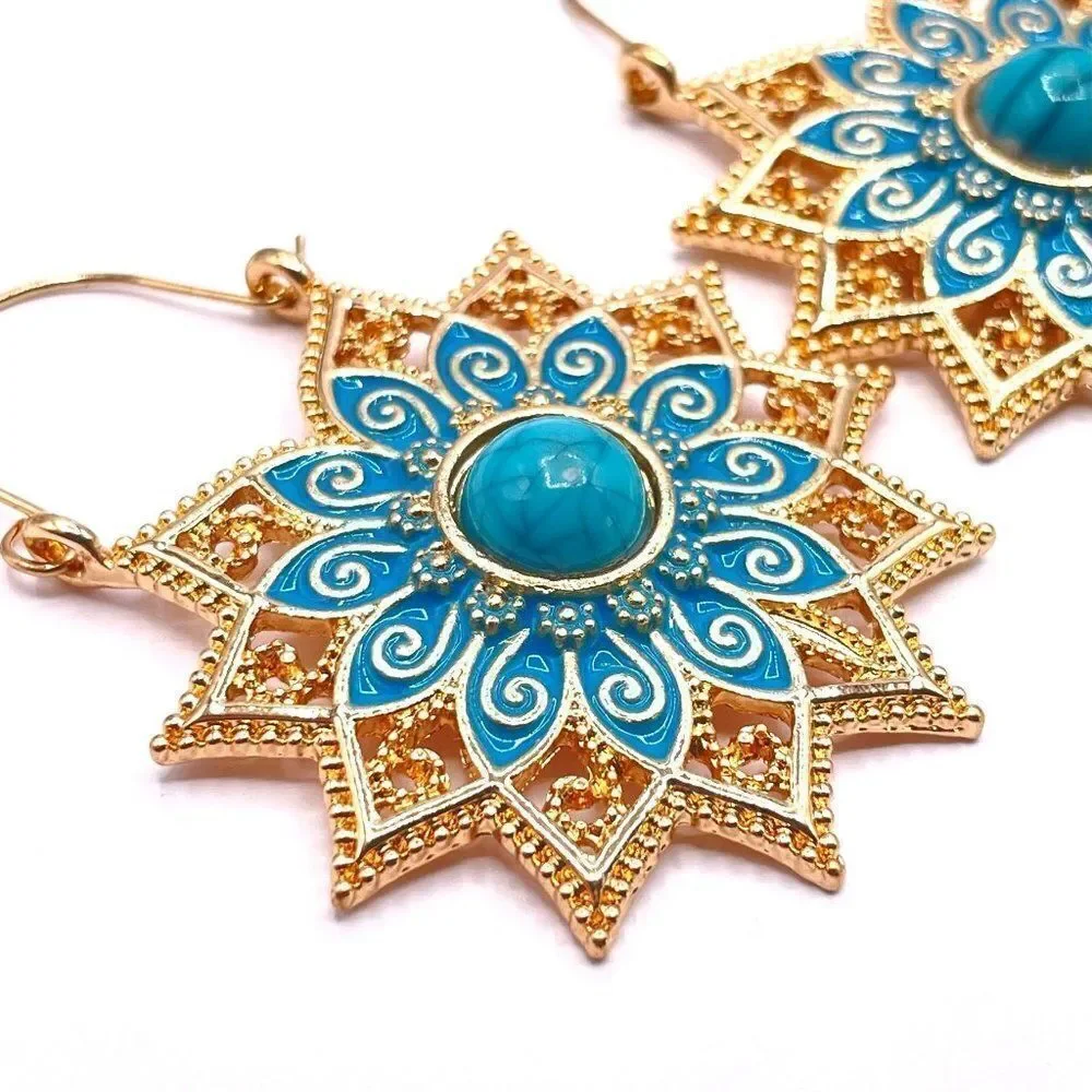 Yellow Gold with Turquoise and Blue Oil Drip Flower Drop Hinge Hook Earrings